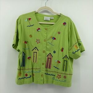 Tropico Button Front Top Lime Green Size XL Beach Hut Embroidered Beaded Cotton